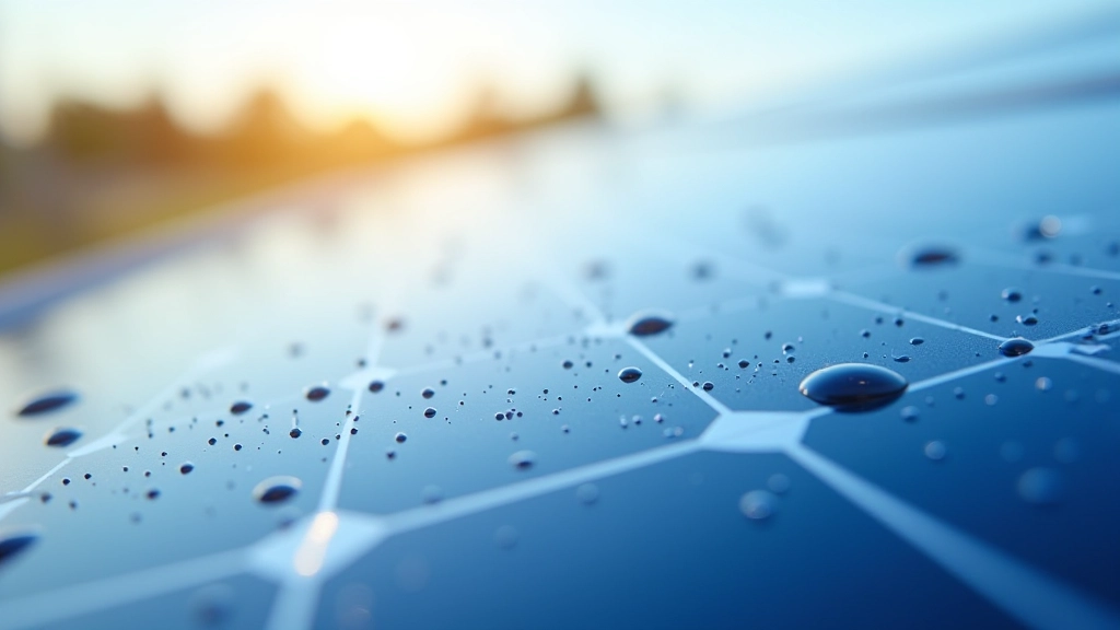 Nahaufnahme von Solarpanelen mit Regentropfen und Himmelsspiegelung