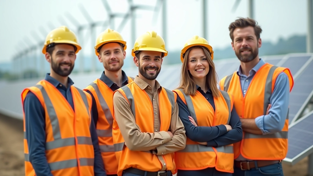 Verschiedene Fachkräfte in Energiebranche bei Teambesprechung auf Baustelle