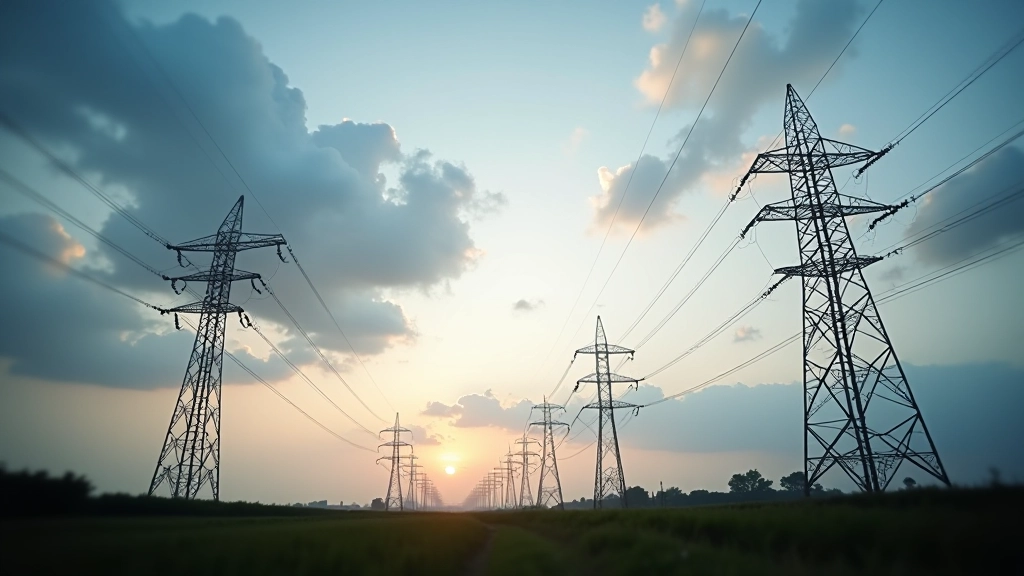 Hochspannungsleitungen und Strommasten vor bewölktem Himmel