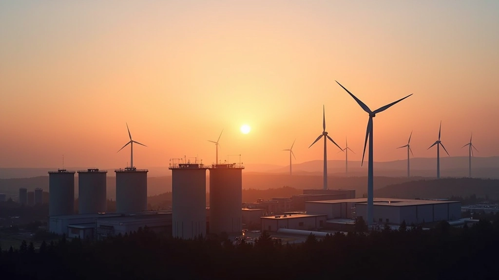 Industrieanlage mit Windkraftanlagen im Hintergrund bei Sonnenuntergang