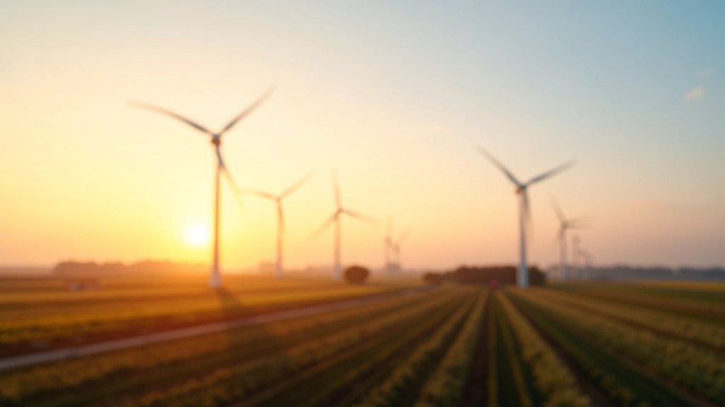 Windkraftanlage in modernem Windpark mit mehreren Turbinen bei Sonnenaufgang