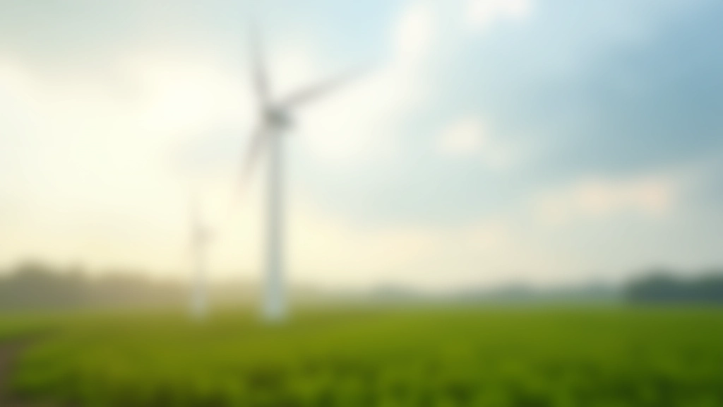 Moderne Windkraftanlage in ländlicher Umgebung mit grünen Feldern und bewölktem Himmel