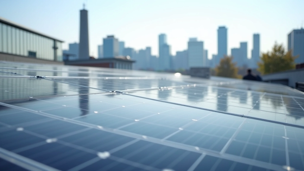 Solarmodule auf Dachfläche mit urbaner Skyline im Hintergrund