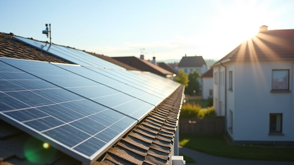 Solaranlagen auf Dächern von Wohnhäusern mit blauem Himmel im Hintergrund