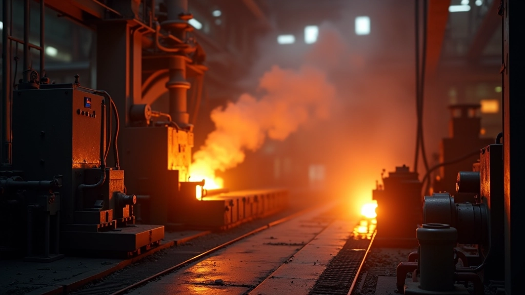 Stahlwerk mit glühendem Stahl und Produktionslinien in Betrieb