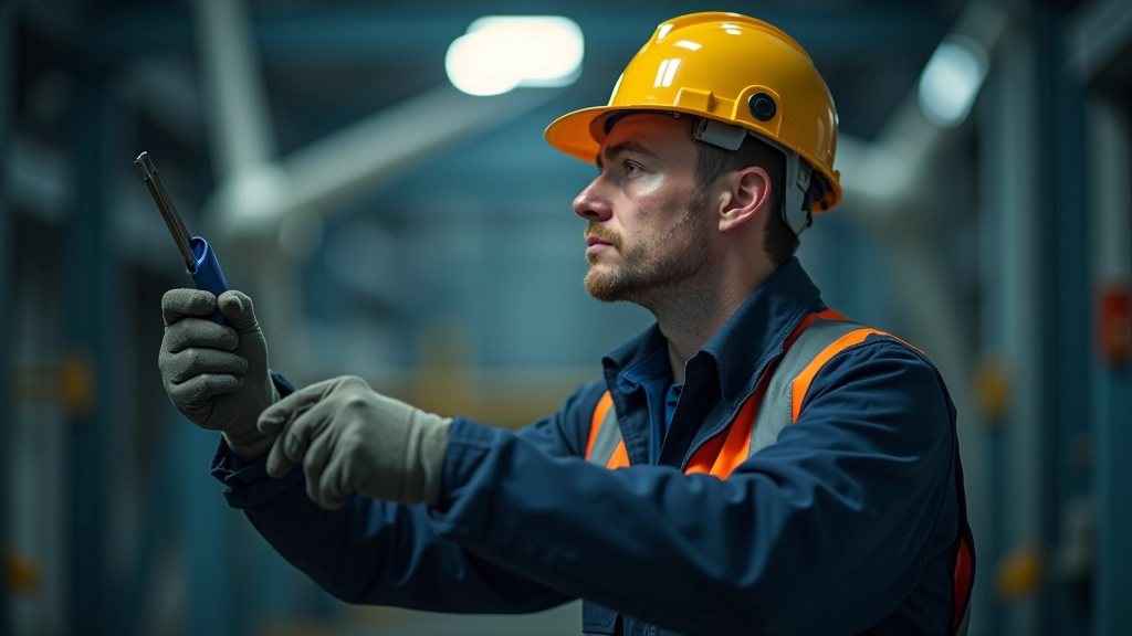 Techniker überprüft Windkraftanlage von innen, Wartungsarbeit