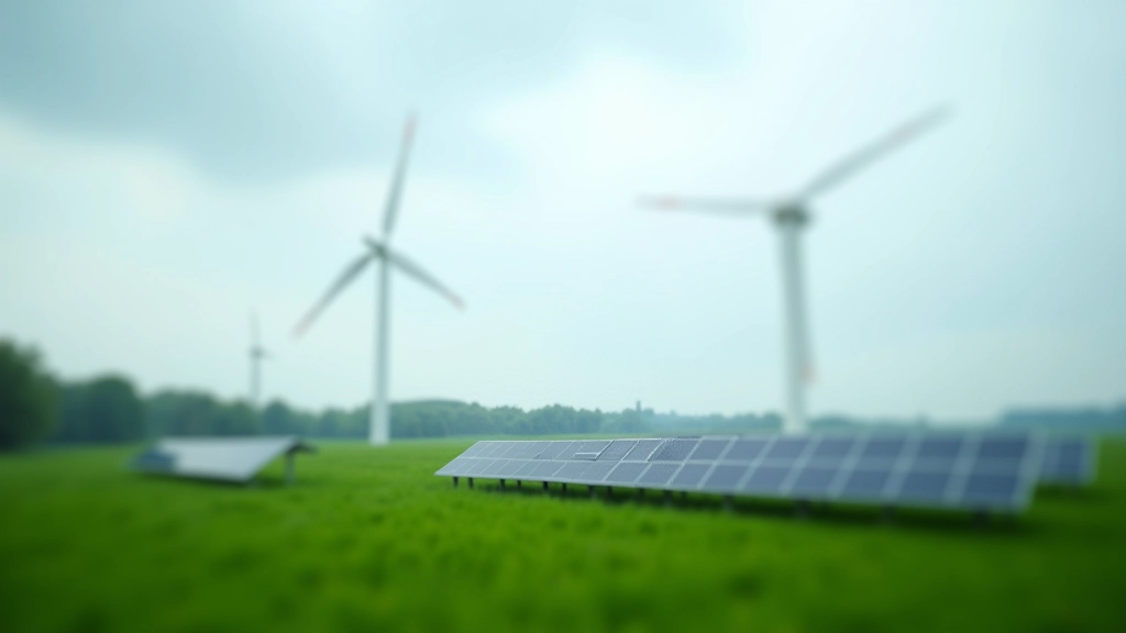 Windkraftanlage und Solarmodule nebeneinander in einer grünen Landschaft