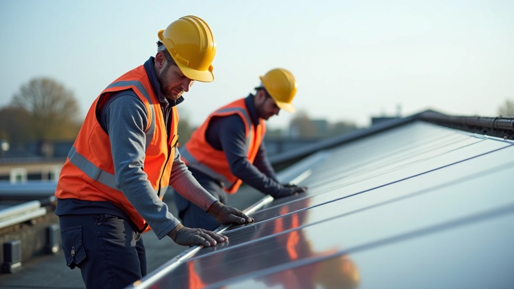 Fachkräfte bei Installation von Solaranlagen auf Industriedach