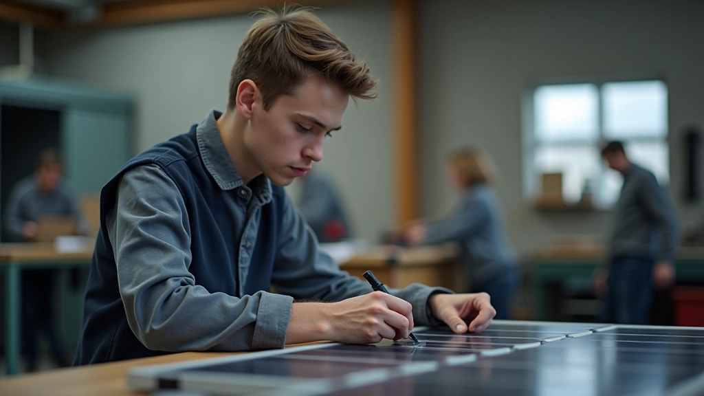 Junge Fachkraft in Elektrowerkstatt bei Schulung für Solaranlagen